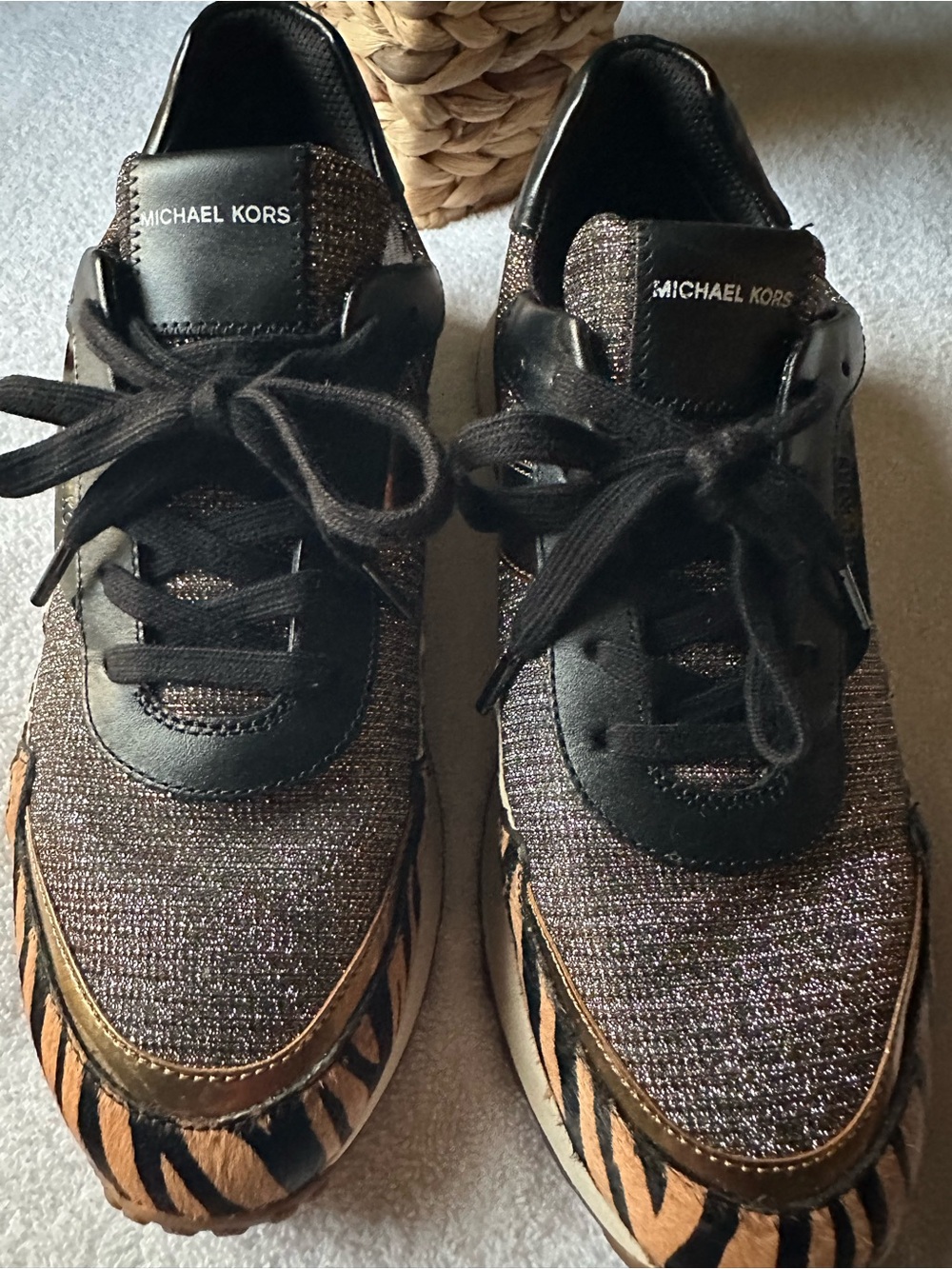 Michael Kors Monroe Trainer Bronze Glitter Chain Mesh Zebra Sneakers Size 11
